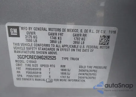 2017 Chevrolet Silverado 1500 1Lt from USA, damaged, VIN 3GCPCREC0HG262525